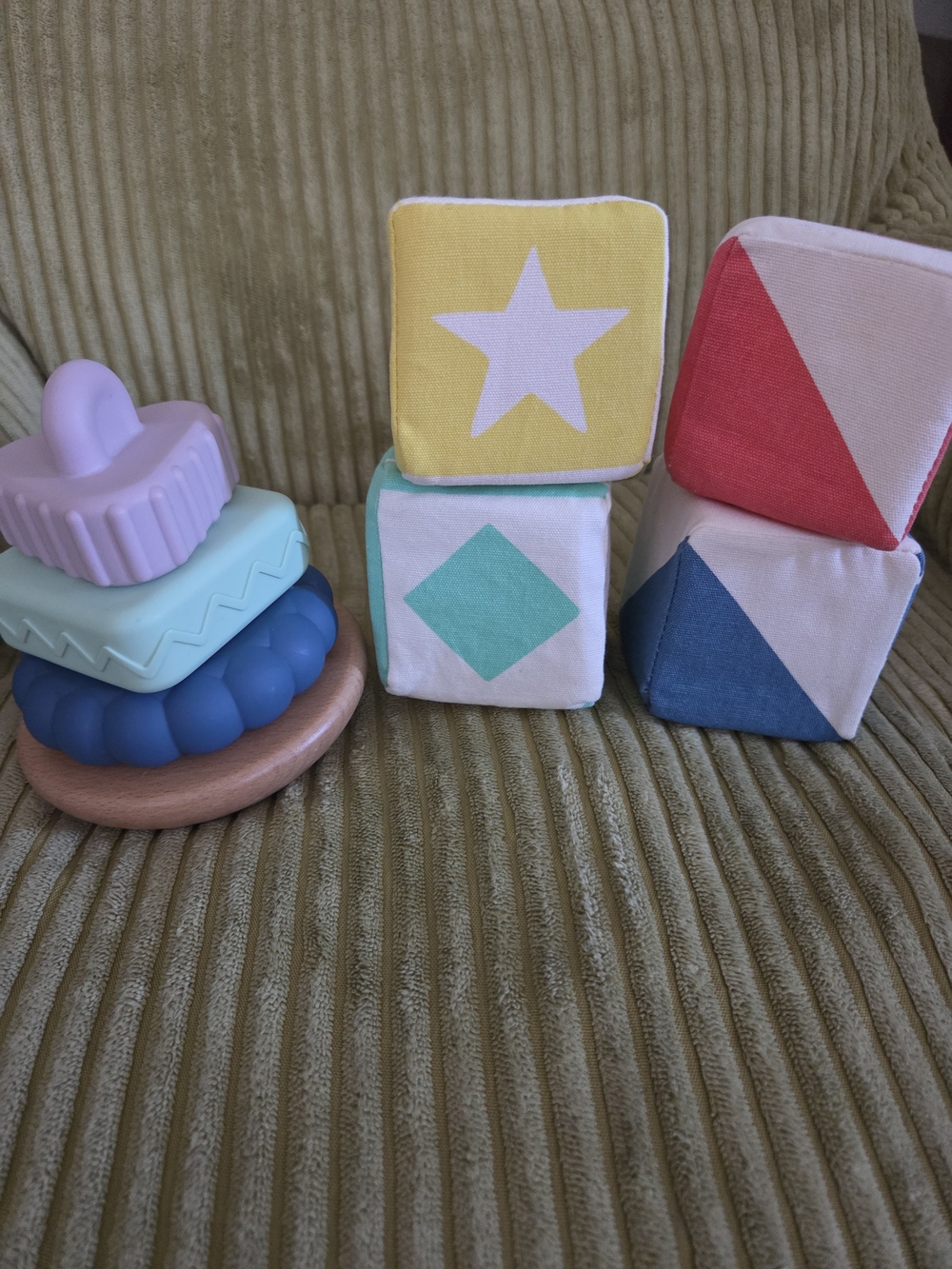 Soft Stacking Rings, Wooden Teeter Totter Toy and Fabric Blocks Baby Toy Set!